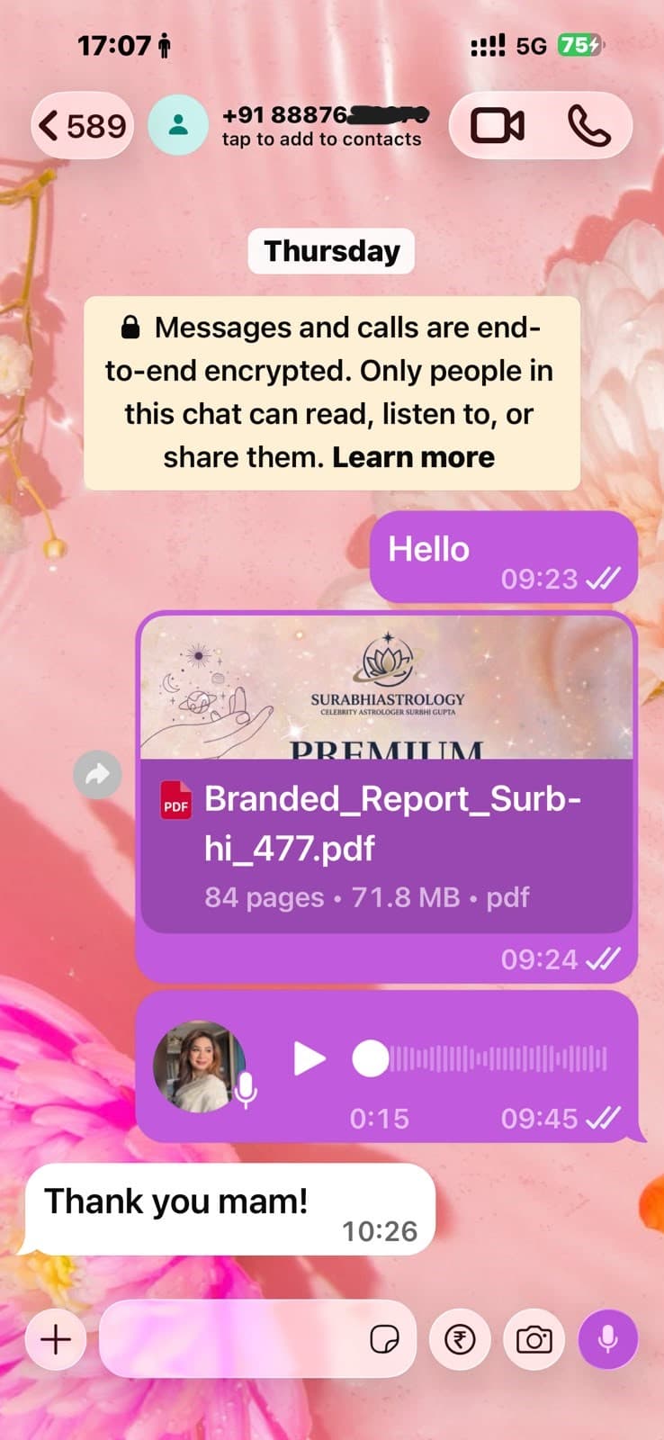 WhatsApp message thanking Surbhi after receiving a Kundali report and voice note