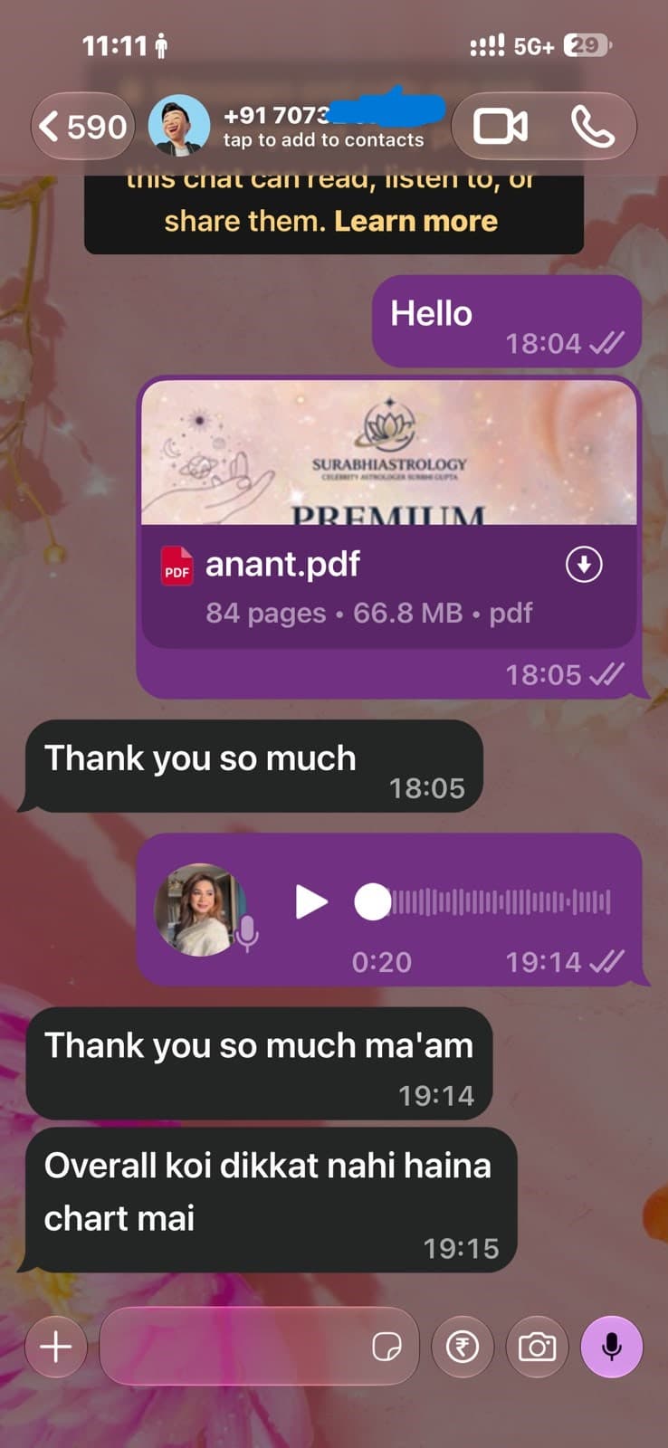WhatsApp messages from a customer after receiving their Kundali report