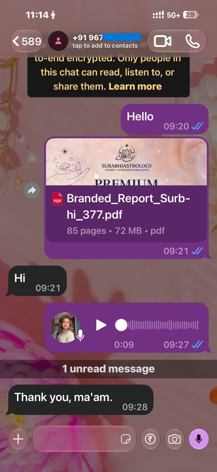 WhatsApp message thanking Surbhi after receiving a Kundali report and voice note