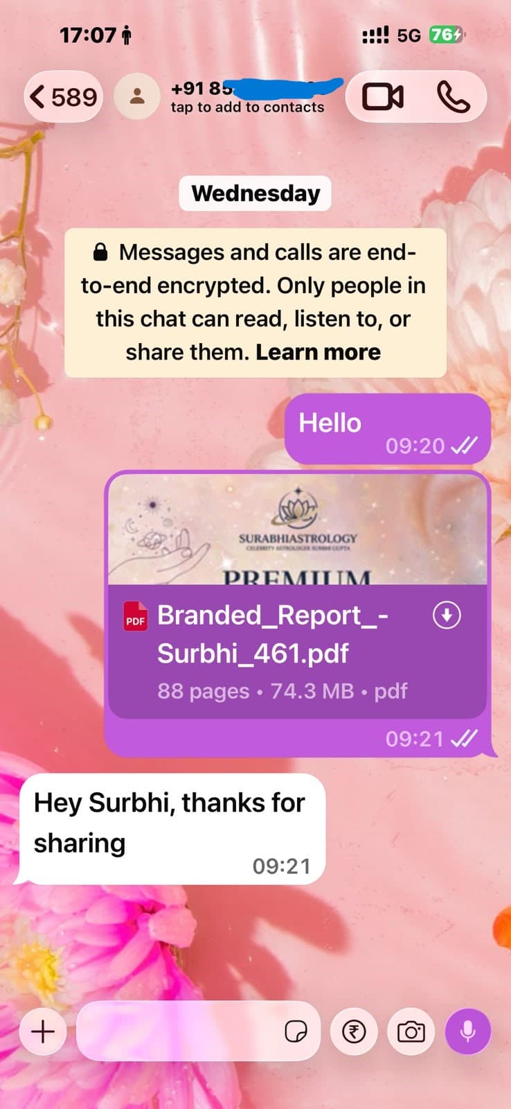 WhatsApp message thanking Surbhi for sharing a Kundali report