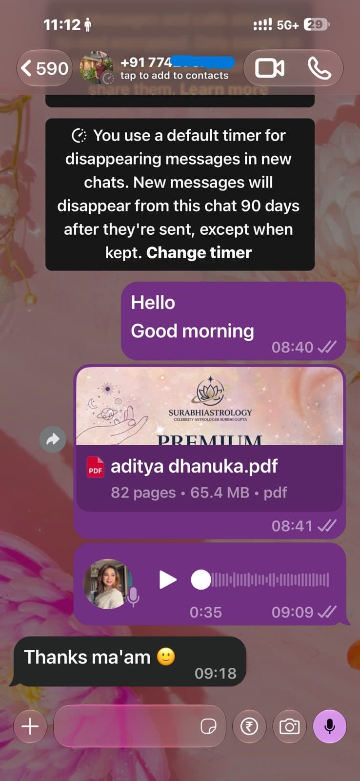 Customer WhatsApp conversation after receiving a Surbhi Kundali report