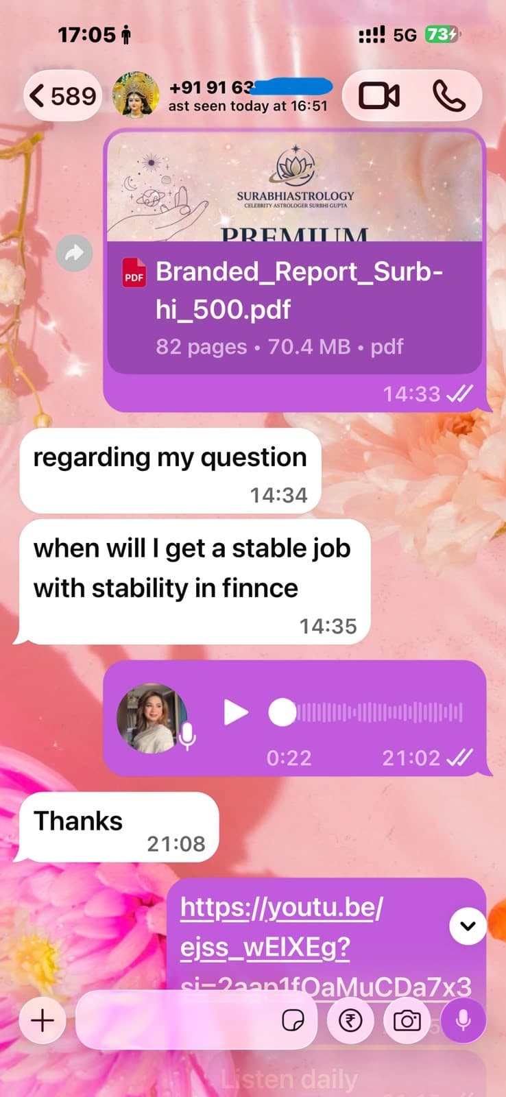 Customer WhatsApp conversation about a question answered after a Kundali report