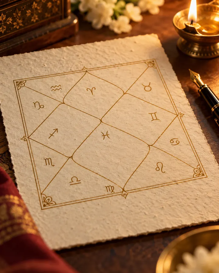 A Vedic birth chart drawn on handmade paper