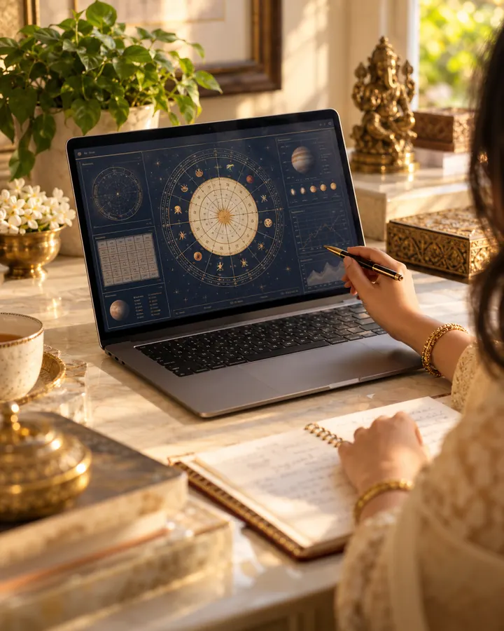 An astrologer reviewing a birth chart on a laptop