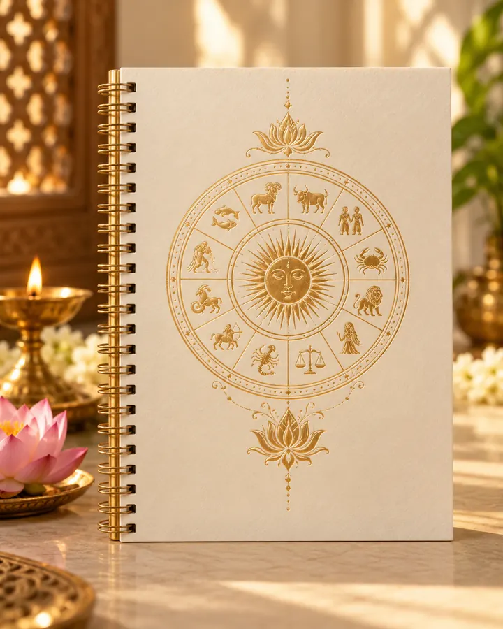 A finished cream Kundali report with a gold zodiac design